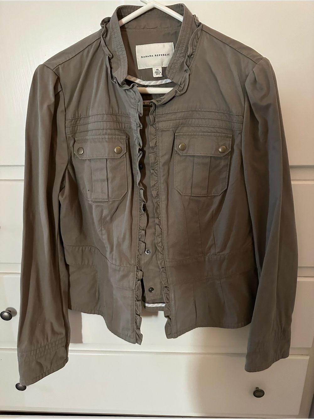 Banana Republic Olive Taupe Utility Jacket with Ruffle Trim